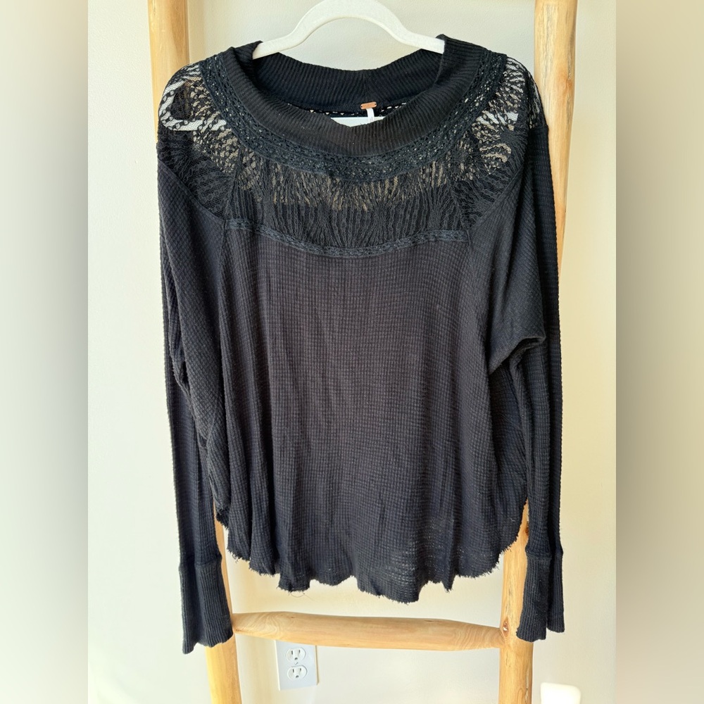 Free People Spring Valley Black Lace Waffle Knit Relaxed Tunic Top Size S